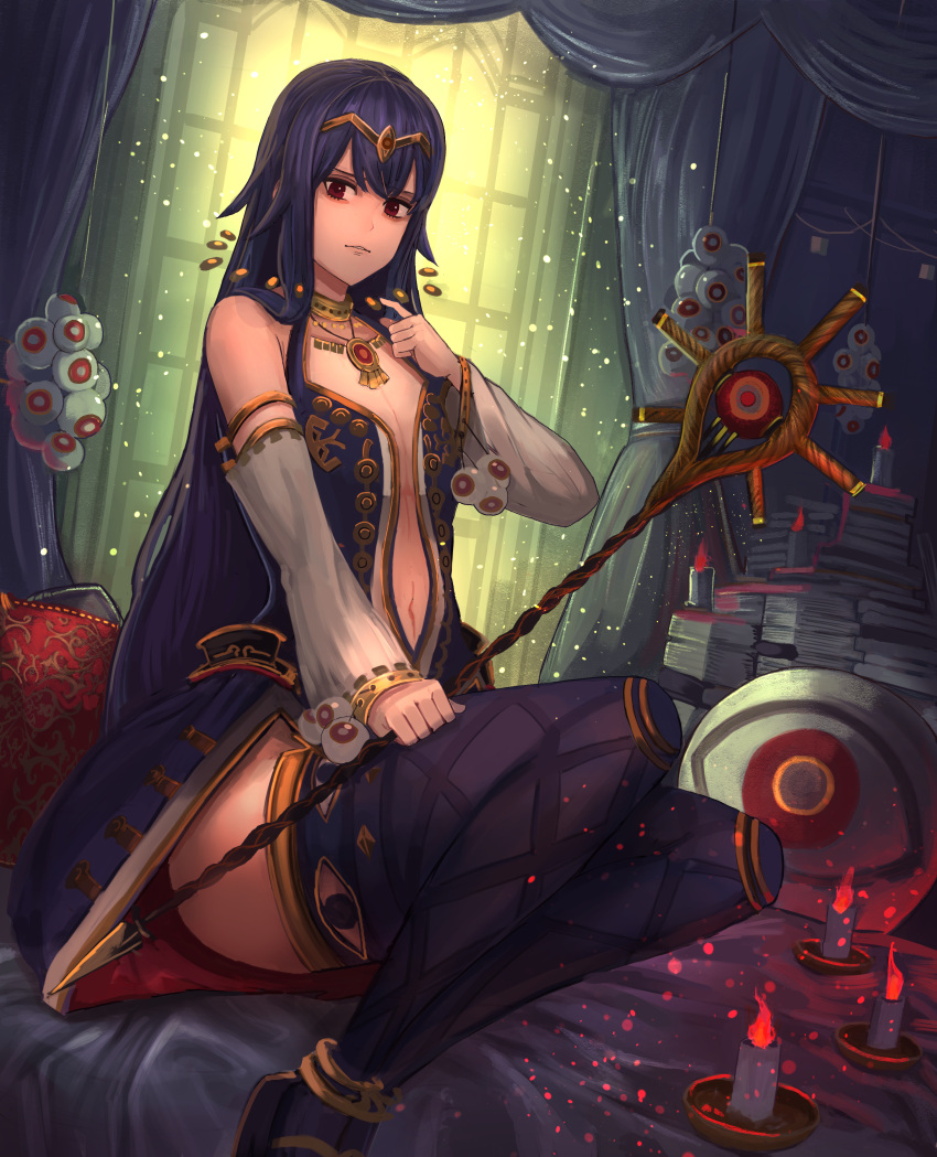 absurdres akainoda black_legwear blue_hair book_stack breasts candle circlet curtains detached_sleeves eyeball fantasy hand_up highres holding holding_staff indoors jewelry long_hair navel necklace original pillow sitting small_breasts staff thigh-highs very_long_hair window witch