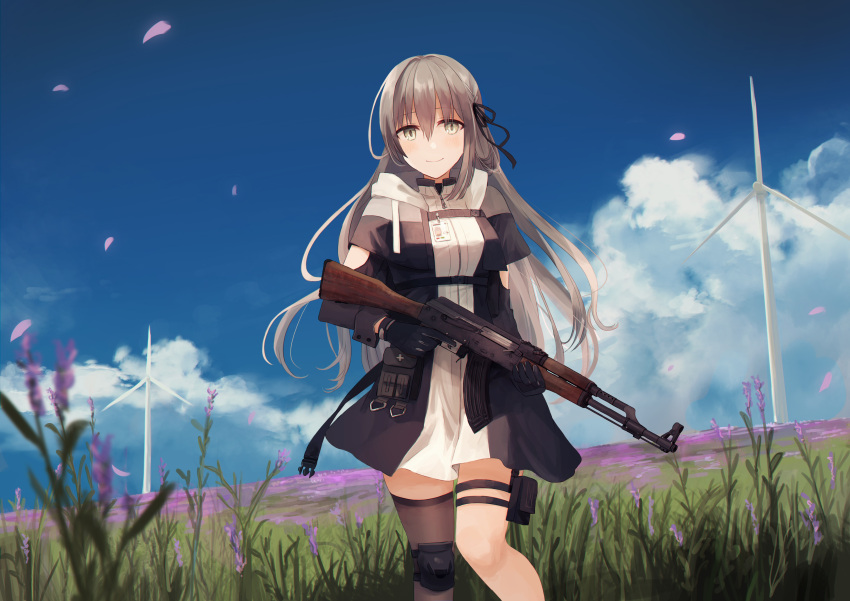 1girl absurdres ak-47 assault_rifle bangs black_gloves black_jacket black_ribbon blue_sky blush braid breasts brown_eyes brown_hair brown_legwear chihuri closed_mouth clouds commentary_request day dress eyebrows_visible_through_hair field flower gloves grass gun hair_between_eyes hair_ribbon highres holding holding_gun holding_weapon jacket long_hair long_sleeves looking_at_viewer medium_breasts open_clothes open_jacket original outdoors petals purple_flower ribbon rifle single_thighhigh sky smile solo thigh-highs thigh_strap trigger_discipline very_long_hair weapon white_dress wind_turbine windmill