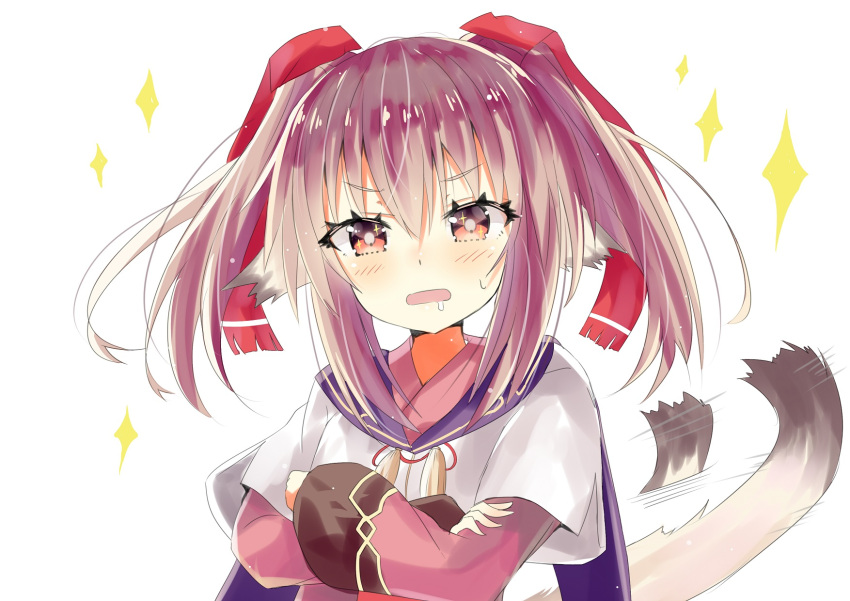 1girl afterimage animal_ear_fluff animal_ears bangs blush brown_hair cape commentary_request crossed_arms drooling eyebrows_visible_through_hair hair_between_eyes hair_ribbon head_tilt highres hizaka long_hair long_sleeves looking_at_viewer nekone_(utawareru_mono) open_mouth purple_cape red_eyes red_ribbon ribbon saliva shirt short_over_long_sleeves short_sleeves sidelocks simple_background solo sparkle sweat tail tail_wagging twintails utawareru_mono utawareru_mono:_itsuwari_no_kamen white_background white_shirt