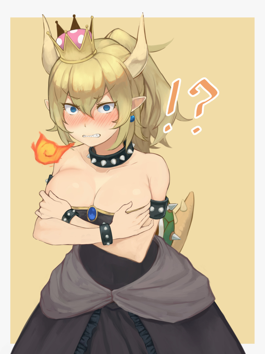 !? 1girl @_@ absurdres bangs bare_shoulders black_dress blonde_hair blue_earrings blue_eyes blush border bowsette bracelet breasts breathing_fire brooch cleavage clenched_teeth collar constricted_pupils covering covering_breasts cowboy_shot deep_skin dress earrings eyebrows_visible_through_hair fire hair_between_eyes highres horns jewelry looking_at_viewer super_mario_bros. new_super_mario_bros._u_deluxe nintendo nose_blush outside_border pointy_ears ponytail sharp_teeth short_hair sidelocks simple_background solo spiked_bracelet spiked_collar spiked_shell spiked_tail spikes strapless strapless_dress super_crown tan_background teeth toima_(beat0829) waist_cape white_border