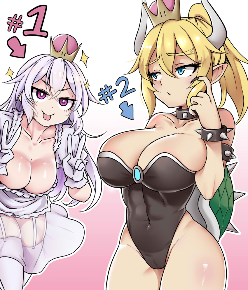 2girls :p abs absurdres armlet black_leotard black_nails blonde_hair blue_eyes bowsette bracelet breasts cleavage collar collarbone commentary covered_navel crown curvy double_v dress eyebrows_visible_through_hair frilled_dress frills garter_straps gem gloves hair_between_eyes highres hips horns jewelry large_breasts leaning_forward leotard looking_at_another luigi's_mansion super_mario_bros. multiple_girls nail_polish new_super_mario_bros._u_deluxe nintendo pointy_ears ponytail princess_king_boo scratching_cheek sparkle spiked_armlet spiked_bracelet spiked_collar spiked_shell spiked_tail spikes strapless strapless_leotard super_crown thigh-highs togin tongue tongue_out turtle_shell v violet_eyes white_dress white_gloves white_hair white_legwear