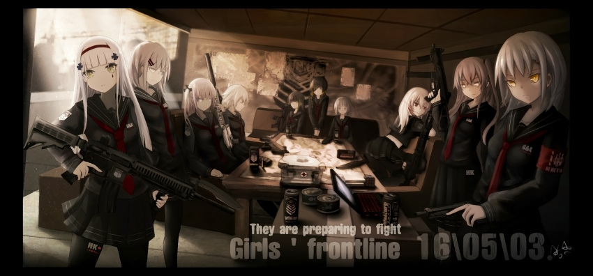 6+girls akoabc anti-rain_(girls_frontline) assault_rifle can character_request english girls_frontline gun handgun highres knife kukri looking_back m16a1_(girls_frontline) m4_sopmod_ii_(girls_frontline) m4a1_(girls_frontline) map multiple_girls rations rifle school_uniform serafuku soda_can st_ar-15_(girls_frontline) submachine_gun suppressor tin_can vector_(girls_frontline) weapon