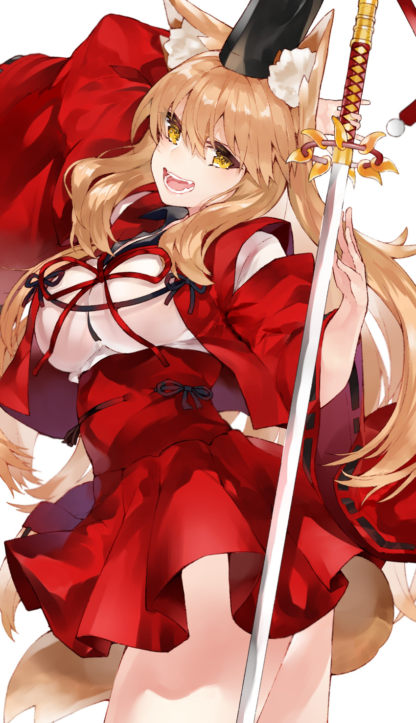 1girl absurdres animal_ears bow breasts fangs fate/extra fate/extra_ccc fate/extra_ccc_fox_tail fate_(series) fox_ears fox_tail hat highres katana kou_mashiro large_breasts long_hair skirt suzuka_gozen_(fate) sword tail tate_eboshi weapon white_background yellow_eyes