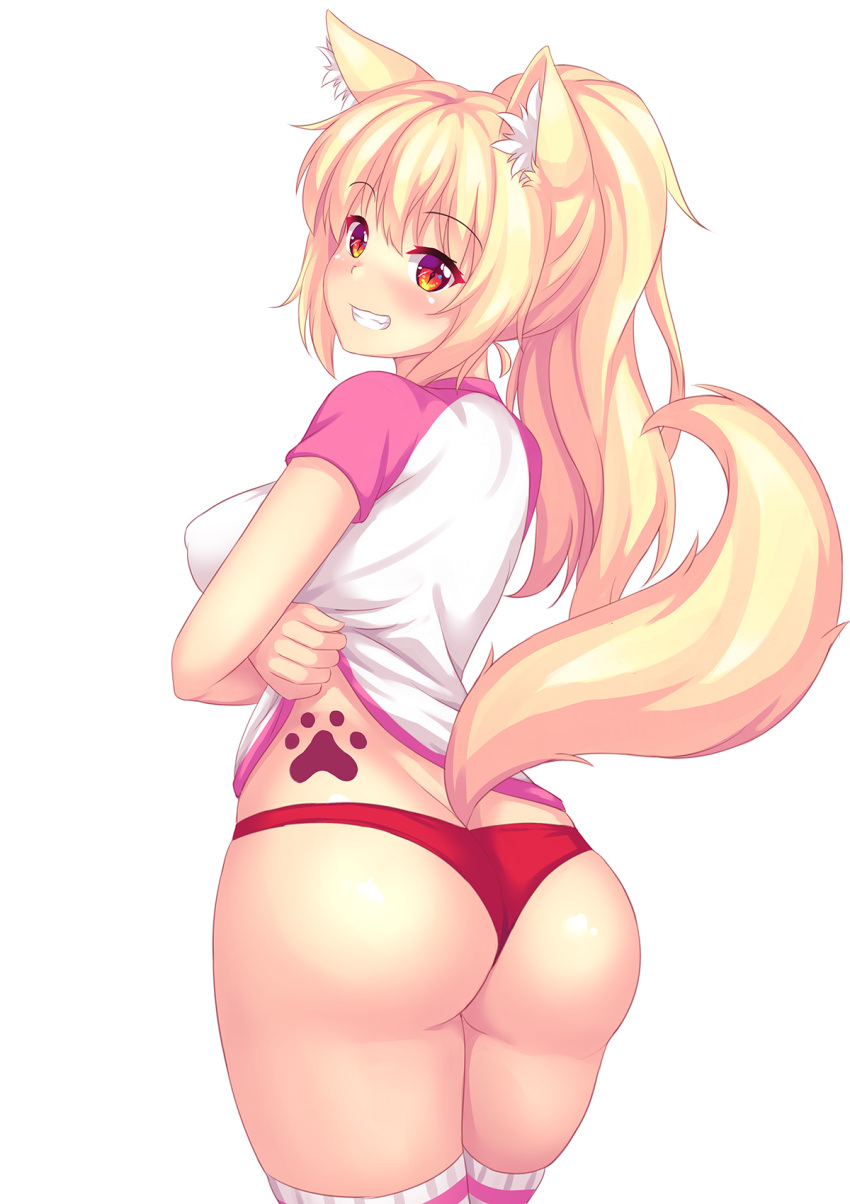 1girl :d animal_ear_fluff animal_ears ass bangs blonde_hair bodypaint breasts butt_crack cat_ears cat_girl cat_tail commentary cowboy_shot english_commentary eyebrows_visible_through_hair fast-runner-2024 from_behind grin highres hips lifted_by_self long_hair looking_at_viewer looking_back medium_breasts open_mouth original panties paws ponytail raglan_sleeves red_eyes red_panties shiny shiny_hair shirt shirt_lift short_sleeves sidelocks simple_background skindentation slit_pupils smile solo tail teeth thick_thighs thigh-highs thighs tied_hair tiffy underwear undressing white_background white_legwear white_shirt wide_hips