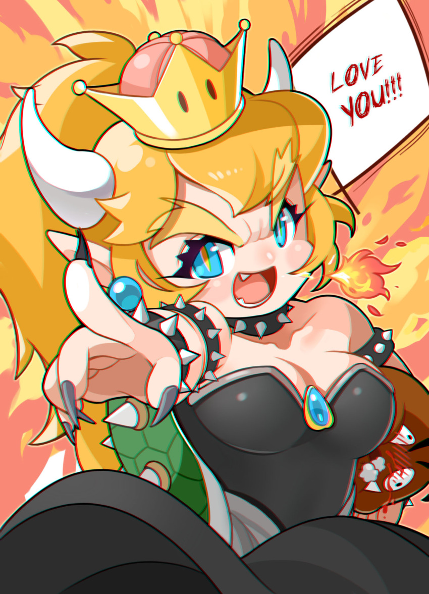 1girl bare_shoulders black_dress black_nails blonde_hair blood blue_earrings blush blush_stickers bowsette breasts breathing_fire brooch carrying chibi chromatic_aberration_abuse dress english fiery_background fingernails fire foreshortening goomba hair_between_eyes happymaoo highres horns jewelry light_blue_eyes long_hair long_ponytail looking_at_viewer super_mario_bros. nail_polish new_super_mario_bros._u_deluxe nintendo nose_blush nosebleed open_mouth orange_pupils pointing pointy_ears rolling_eyes sharp_fingernails shiny shiny_clothes shiny_hair short_hair shouting sidelocks slit_pupils solo spiked_shell strapless strapless_dress super_crown tail thick_eyebrows waist_cape