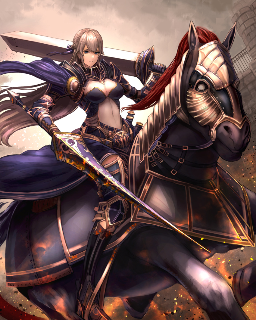 akainoda barding blue_eyes breasts cleavage fantasy gauntlets grey_sky highres horse horseback_riding knight lance long_hair looking_at_viewer navel original outdoors polearm riding sword weapon