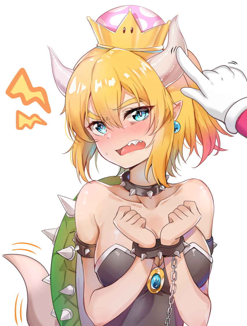1boy 1girl absurdres bare_shoulders blonde_hair blue_eyes bowsette breasts cleavage gloves highres horns large_breasts mario super_mario_bros. new_super_mario_bros._u_deluxe nintendo ponytail short_hair sunhyun super_crown tail tail_wagging teeth white_gloves