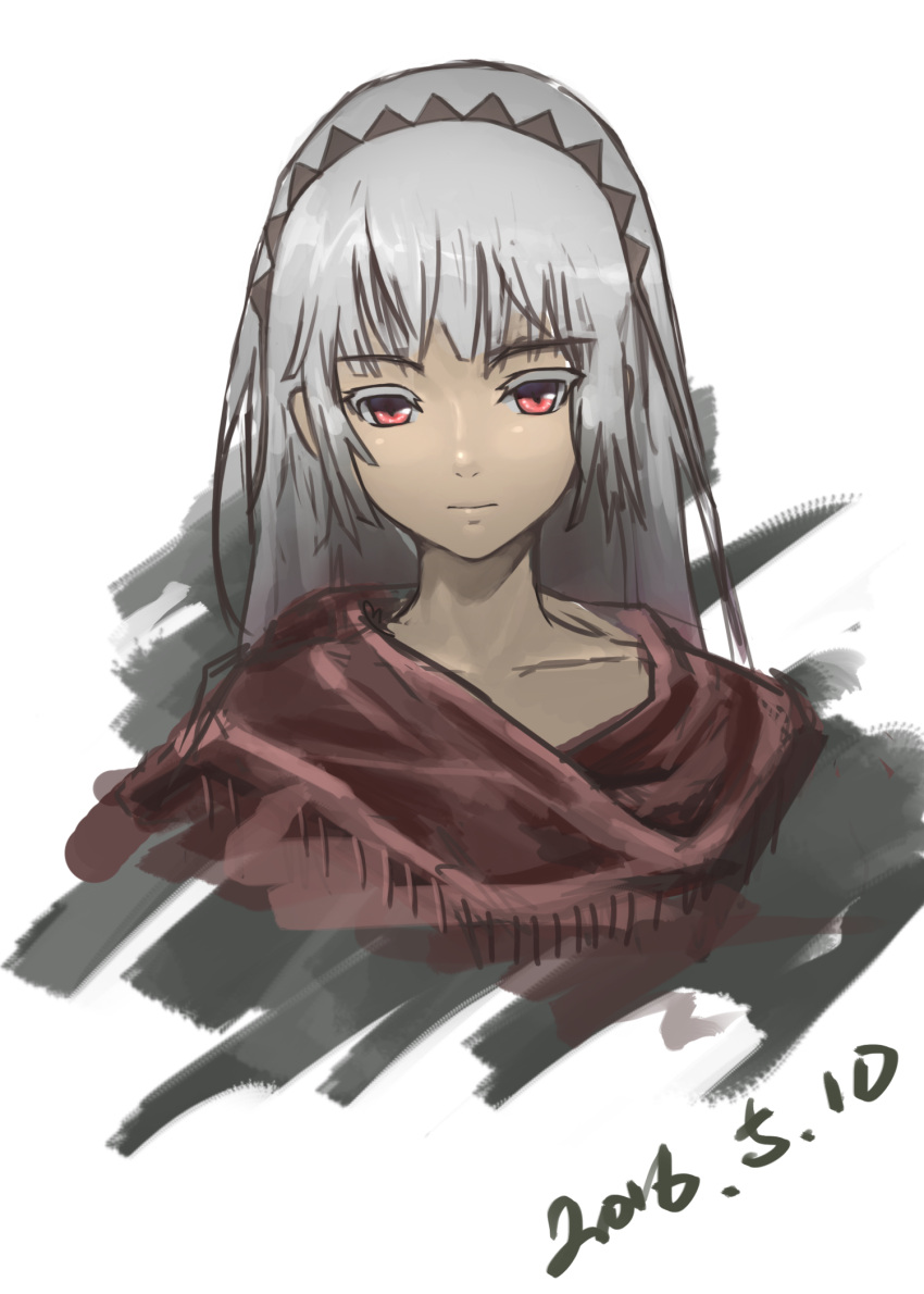 1girl altera_(fate) bangs blunt_bangs closed_mouth collarbone commentary_request dark_skin eyebrows_visible_through_hair fate/grand_order fate_(series) grey_hair headdress highres looking_at_viewer partial_commentary red_eyes red_scarf scarf short_hair simple_background solo tan ten_no_hoshi veil