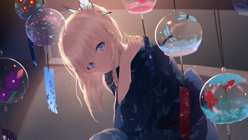 1girl alternate_costume bangs blonde_hair blue_eyes blue_kimono blush boku_wa_tomodachi_ga_sukunai breasts bug butterfly butterfly_hair_ornament cait closed_mouth commentary hair_ornament hand_up head_tilt highres insect japanese_clothes kashiwazaki_sena kimono large_breasts long_hair looking_at_viewer night obi ponytail sash sidelocks smile solo squatting yukata