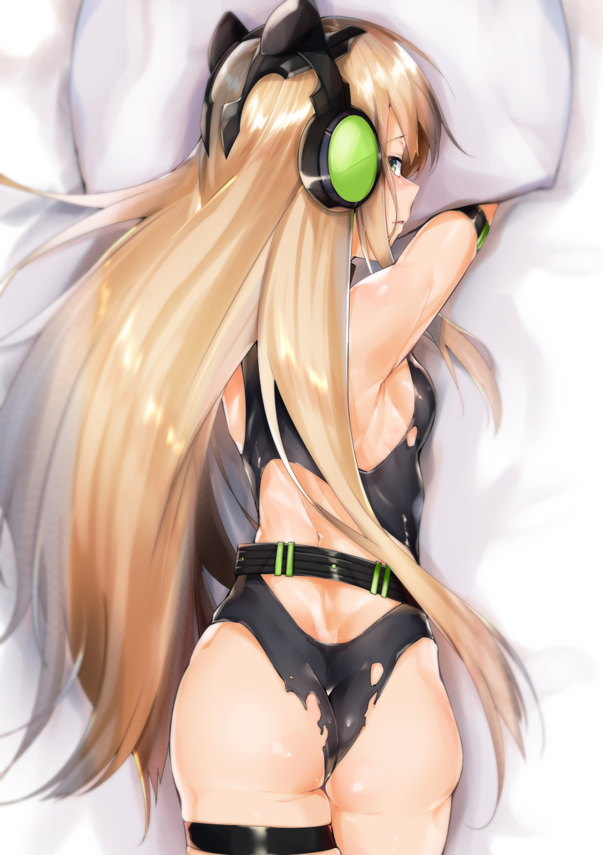 1girl absurdres animal_ears arm_strap armpits ass back backboob bangs bed_sheet belt black_leotard blonde_hair blush bow breasts cat_ear_headphones cat_ears damaged dimples_of_venus eyebrows_visible_through_hair from_behind girls_frontline gloves green_eyes hair_between_eyes headphones highres leotard long_hair looking_at_viewer looking_back on_bed open_mouth pillow pillow_hug sidelocks skindentation solo thigh_strap thighs tmp_(girls_frontline) torn_clothes torn_leotard uno_ryoku very_long_hair