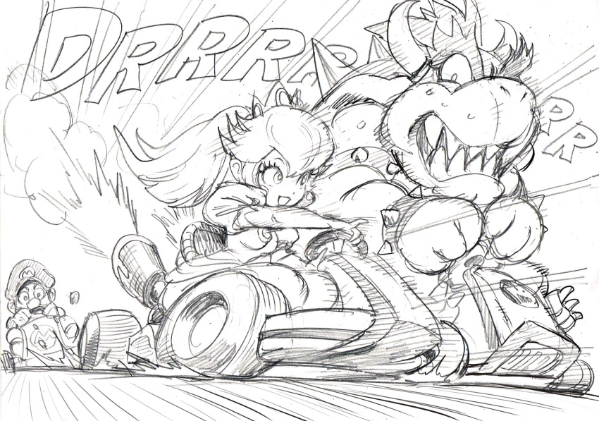 bowser bracelet commentary_request crown dress driving elbow_gloves flat_cap gloves go_kart graphite_(medium) greyscale hair_between_eyes hat highres horns jewelry long_hair mario mario_kart monochrome murata_yuusuke onomatopoeia open_mouth pinky_out ponytail princess_peach puffy_short_sleeves puffy_sleeves sharp_teeth short_sleeves simple_background sketch smile speed_lines spiked_armlet spiked_bracelet spiked_shell spikes sweat teeth traditional_media v-shaped_eyebrows white_background