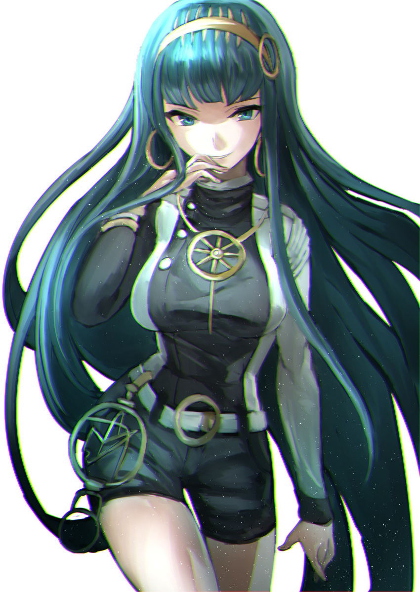 1girl absurdres bangs belt bracelet breasts cleopatra_(fate/grand_order) commentary_request earrings fate/grand_order fate_(series) fingernails fujitsubo_(hujitubo0731) green_eyes green_hair hairband high_collar highres hoop_earrings jewelry long_hair long_sleeves looking_at_viewer medium_breasts necklace ring shorts simple_background smile solo standing thighs very_long_hair
