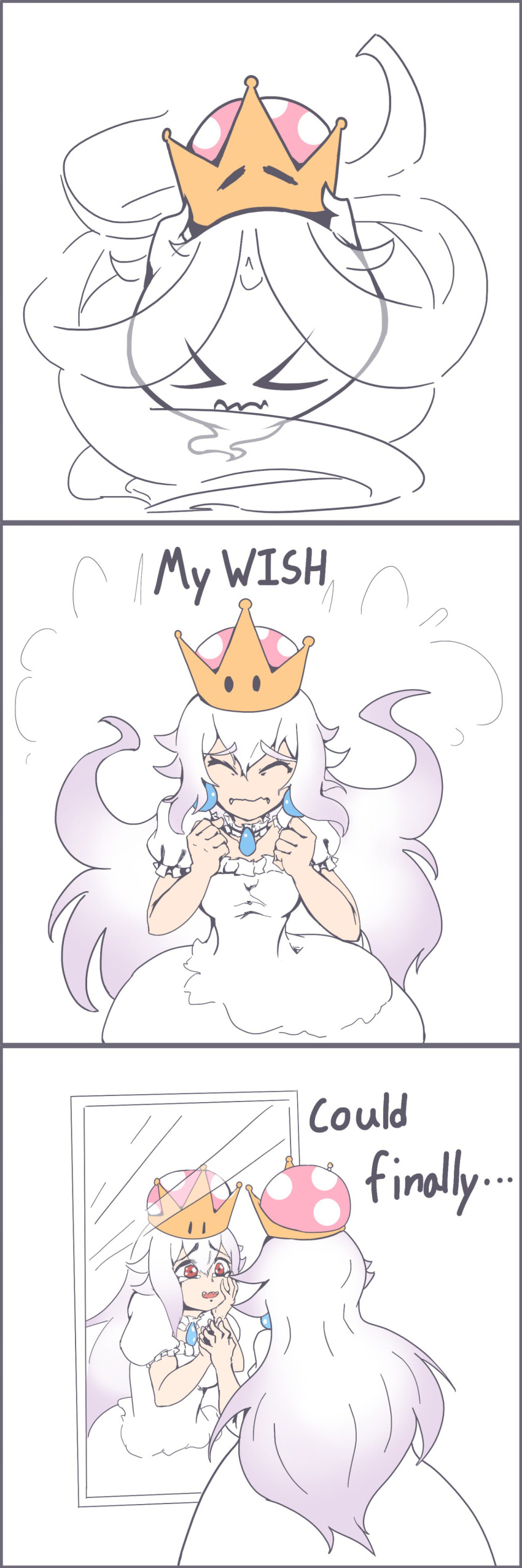 &gt;_&lt; 1girl absurdres boo crying dress english fangs floating highres long_hair super_mario_bros. mirror new_super_mario_bros._u_deluxe nintendo princess_king_boo reflection sad simple_background solo super_crown tears tflame transformation very_long_hair white_background white_dress wiping_tears