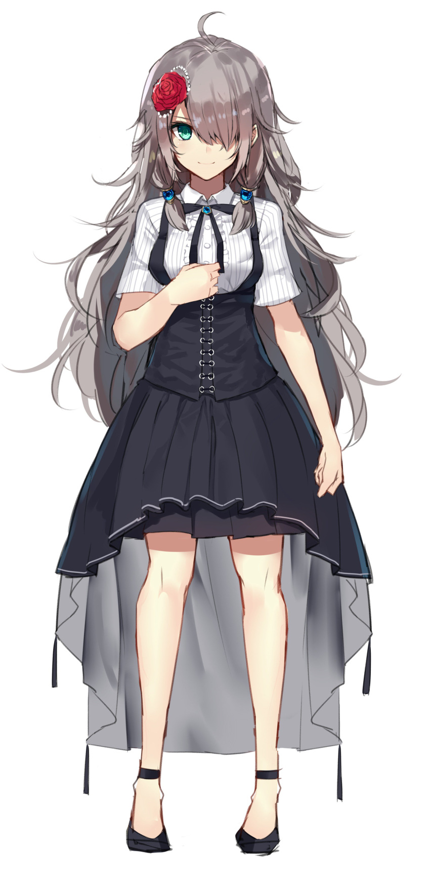 1girl absurdres ahoge aosaki_yukina arm_at_side bangs black_footwear black_ribbon collared_shirt commentary_request corset eyebrows_visible_through_hair flower full_body green_eyes grey_hair hair_flower hair_ornament hair_over_one_eye highres long_hair looking_at_viewer neck_ribbon original red_flower red_rose ribbon rose shirt short_sleeves simple_background sketch smile solo standing strappy_heels striped striped_shirt swept_bangs vertical-striped_shirt vertical_stripes very_long_hair white_background