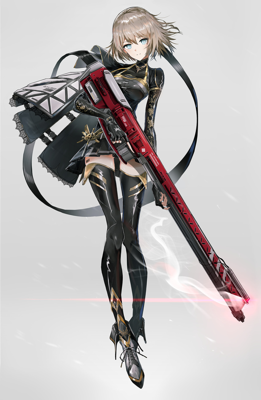 1girl bangs blue_eyes boots brown_hair commentary cross-laced_footwear dress fingerless_gloves full_body gloves grey_background gun hair_between_eyes highres lace-up_boots long_sleeves original rifle smile sniper_rifle swav thigh-highs weapon