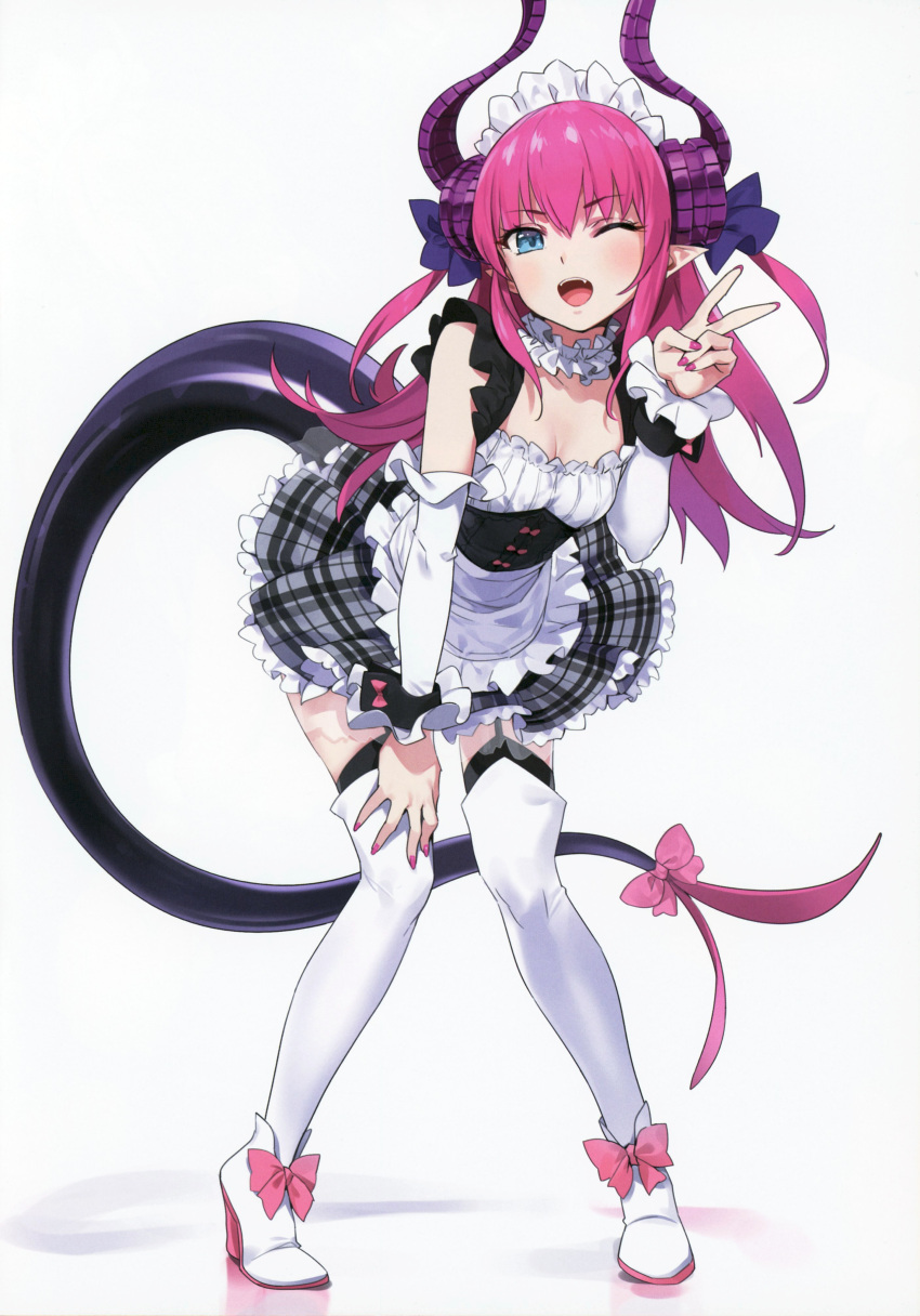 1girl ;d absurdres alternate_costume asymmetrical_horns bent_over boots bow breasts choker cleavage corset curled_horns detached_sleeves dragon_girl dragon_horns dragon_tail dress elizabeth_bathory_(fate) elizabeth_bathory_(fate)_(all) enmaided fangs fate/grand_order fate_(series) frilled_dress frills garter_straps grey_background hand_on_own_knee high_heels highres horns knees_together_feet_apart long_hair looking_at_viewer maid maid_headdress nail_polish one_eye_closed open_mouth pink_bow pink_hair plaid plaid_skirt pointy_ears scan skirt small_breasts smile tail tail_bow thigh-highs thigh_boots v white_sleeves yang-do