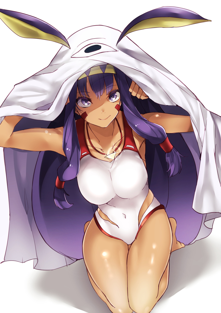 1girl animal_ears breasts closed_mouth collarbone commentary_request covered_navel dark_skin facial_mark fate/grand_order fate_(series) from_above hairband highres jackal_ears jewelry kneeling long_hair looking_at_viewer low-tied_long_hair medjed necklace nitocris_(fate/grand_order) one-piece_swimsuit purple_hair smile solo swimsuit third_eye violet_eyes white_swimsuit yellow_hairband yunekoko