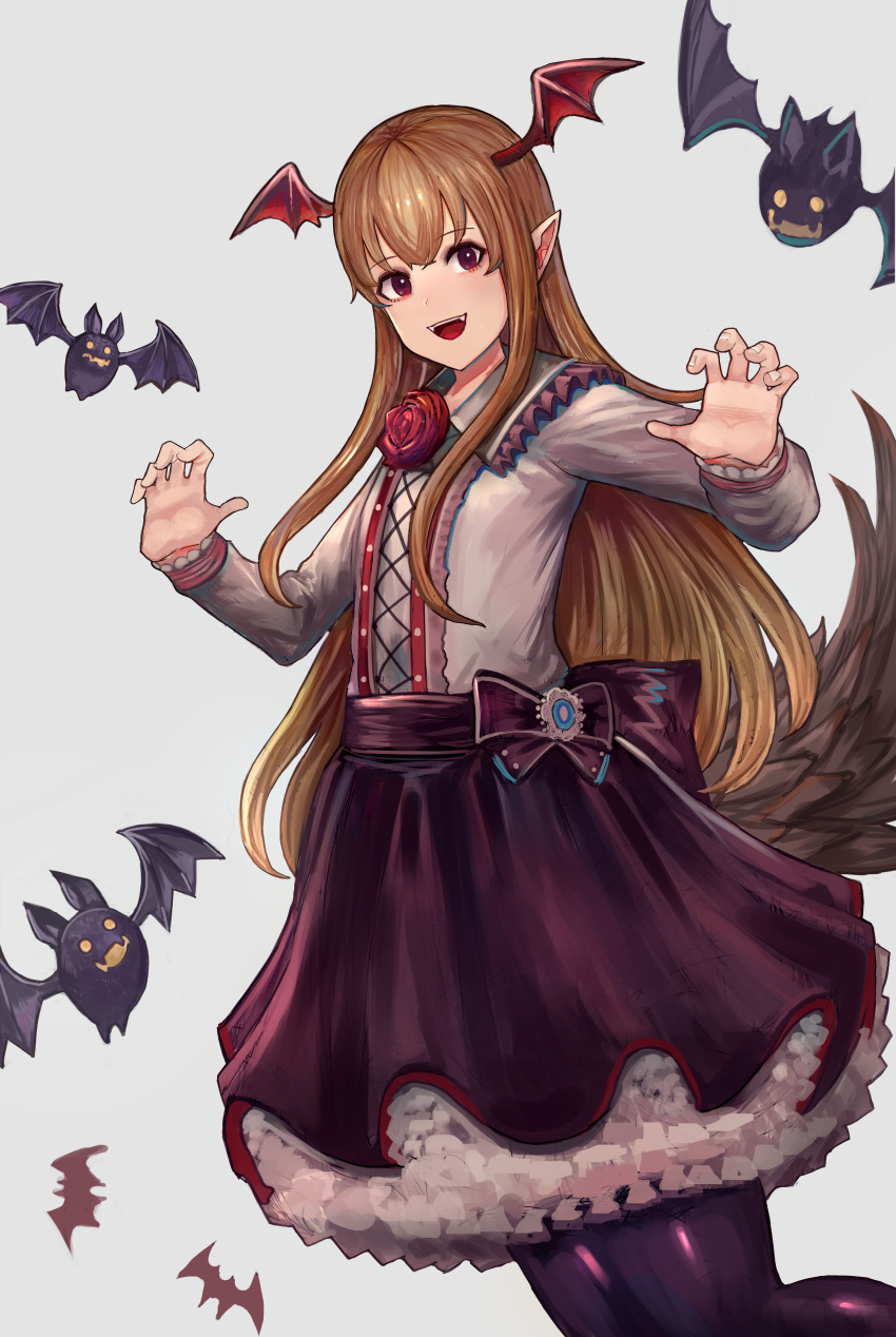 1girl absurdres akainoda bat black_bow black_legwear black_skirt blonde_hair bow fangs flower grey_background head_wings highres huge_filesize long_hair looking_at_viewer open_mouth pantyhose pointy_ears red_eyes red_flower shadowverse shingeki_no_bahamut skirt smile solo standing vampy very_long_hair