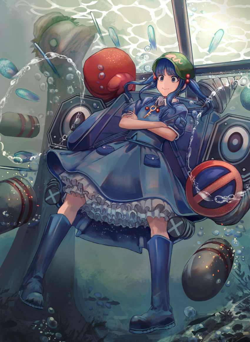 1girl absurdres air_bubble akainoda blue_hair blue_legwear blue_skirt boxing_gloves bubble crossed_arms danmaku dress drill fish green_hat hair_bobbles hair_ornament hat highres kawashiro_nitori key looking_at_viewer pocket skirt smile solo torpedo touhou two_side_up underwater urban_legend_in_limbo