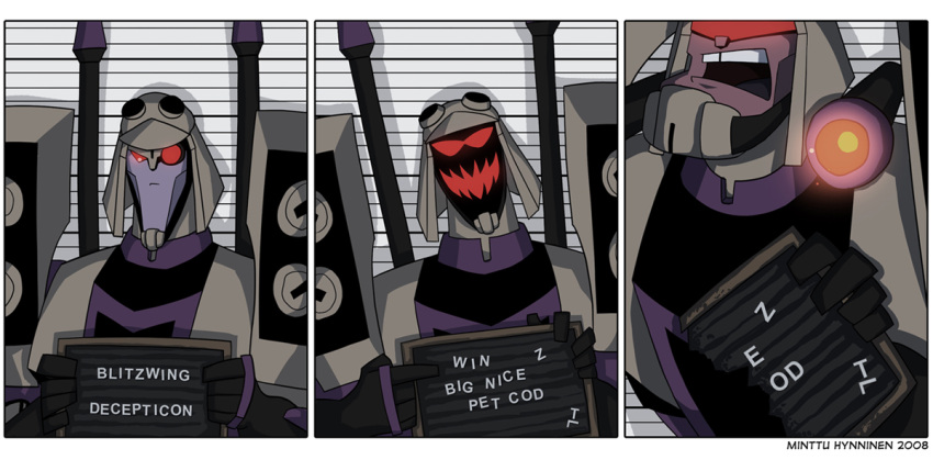 angry attack blitzwing cannon comic crazy decepticon english flat_gaze grin helmet mecha minttu_hynninen monocle mugshot red_eyes robot sequential shouting smile transformers transformers_animated triple_persona visor