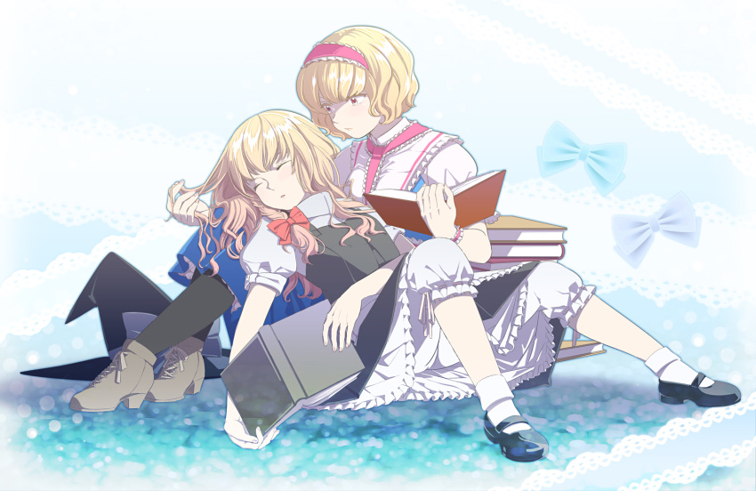 alice_margatroid bad_id blonde_hair bloomers book bow braid capelet closed_eyes eyes_closed hair_bow hair_tussle hairband hat hat_removed hat_ribbon headwear_removed highres kirisame_marisa lap_pillow long_hair lying mary_janes multiple_girls ofuton_zeb red_eyes ribbon shoes short_hair side_braid single_braid sitting sleeping touhou witch witch_hat