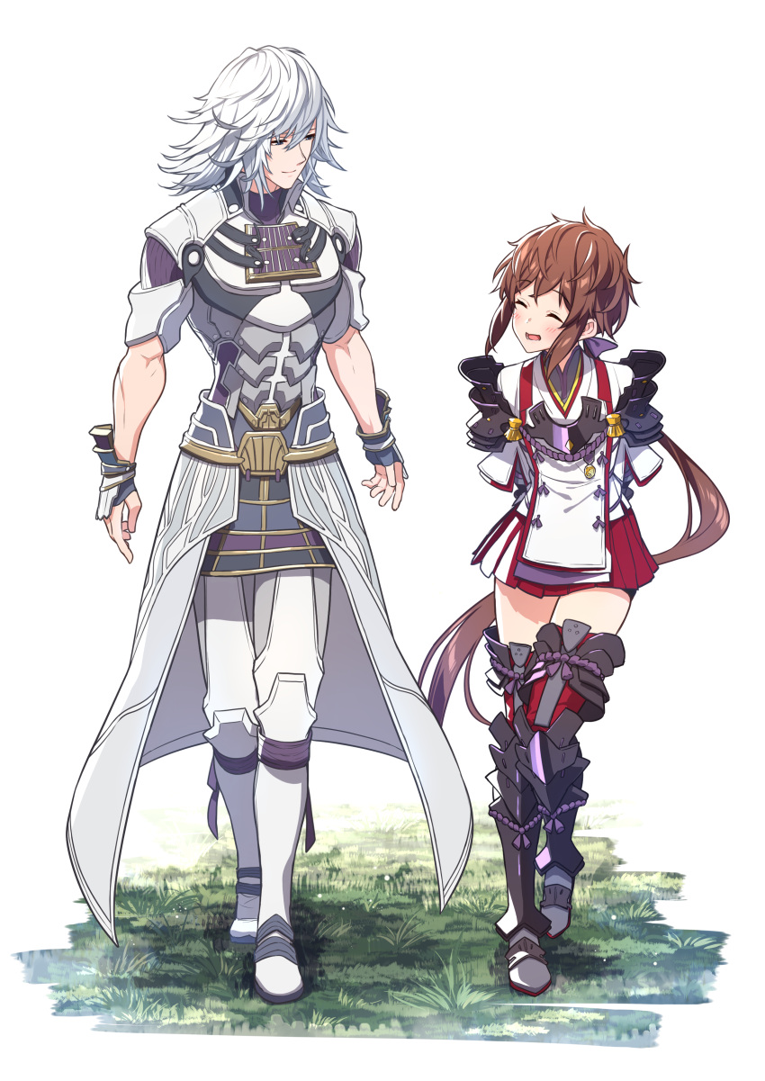 1boy 1girl absurdres armor arms_behind_back baffu blush boots brown_hair closed_eyes commentary_request full_body gloves grass grey_eyes highres long_hair lora_(xenoblade_2) nintendo open_mouth pants parted_lips pauldrons shadow shin_(xenoblade) short_hair simple_background skirt smile standing thigh-highs white_hair wrist_guards xenoblade_(series) xenoblade_2 xenoblade_2:_ogon_no_kuri_ira zettai_ryouiki