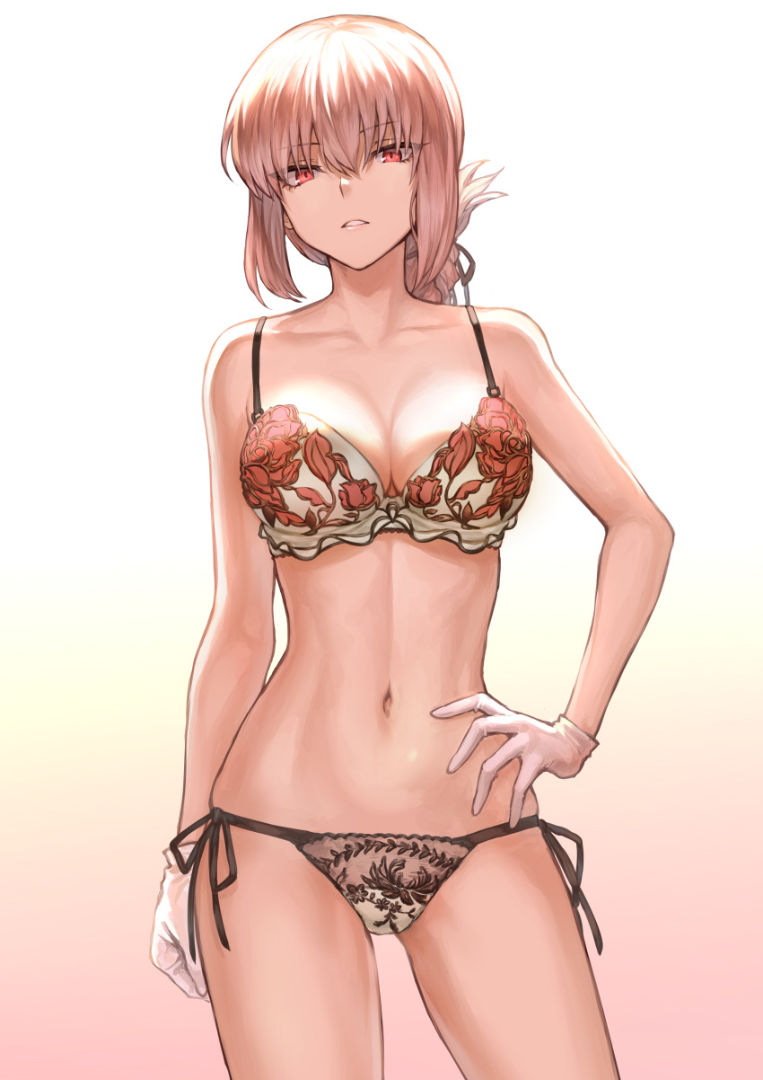 1girl absurdres alternate_costume antenna_hair bare_arms bare_legs bare_shoulders bra breasts cleavage commentary_request contrapposto cowboy_shot eyebrows_visible_through_hair fate/grand_order fate_(series) floral_print florence_nightingale_(fate/grand_order) gloves gluteal_fold gradient gradient_background highres large_breasts long_hair looking_at_viewer mashu_003 midriff multicolored multicolored_background navel panties parted_lips pink_hair red_eyes rose_print see-through side-tie_panties signature solo standing thighs twitter_username underwear underwear_only white_bra white_gloves