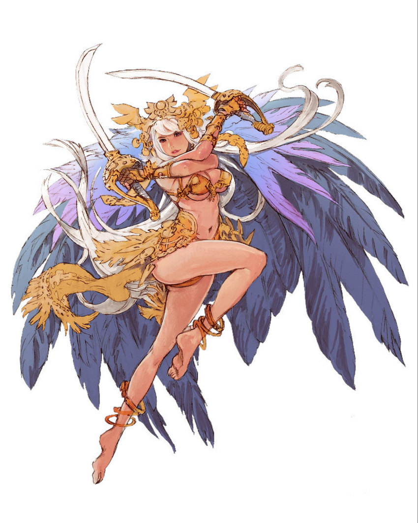 1girl anklet armor bangle bare_shoulders barefoot bikini_top bracelet breasts cape cleavage crossed_arms dual_wielding eyeshadow feathers hair_ornament headpiece highres holding jewelry large_breasts leg_up lips long_hair makeup minaba_hideo navel necklace official_art pink_eyes saber_(weapon) sheena_(terra_battle) solo sword terra_battle transparent_background under_boob very_long_hair warrior weapon white_hair x_arms