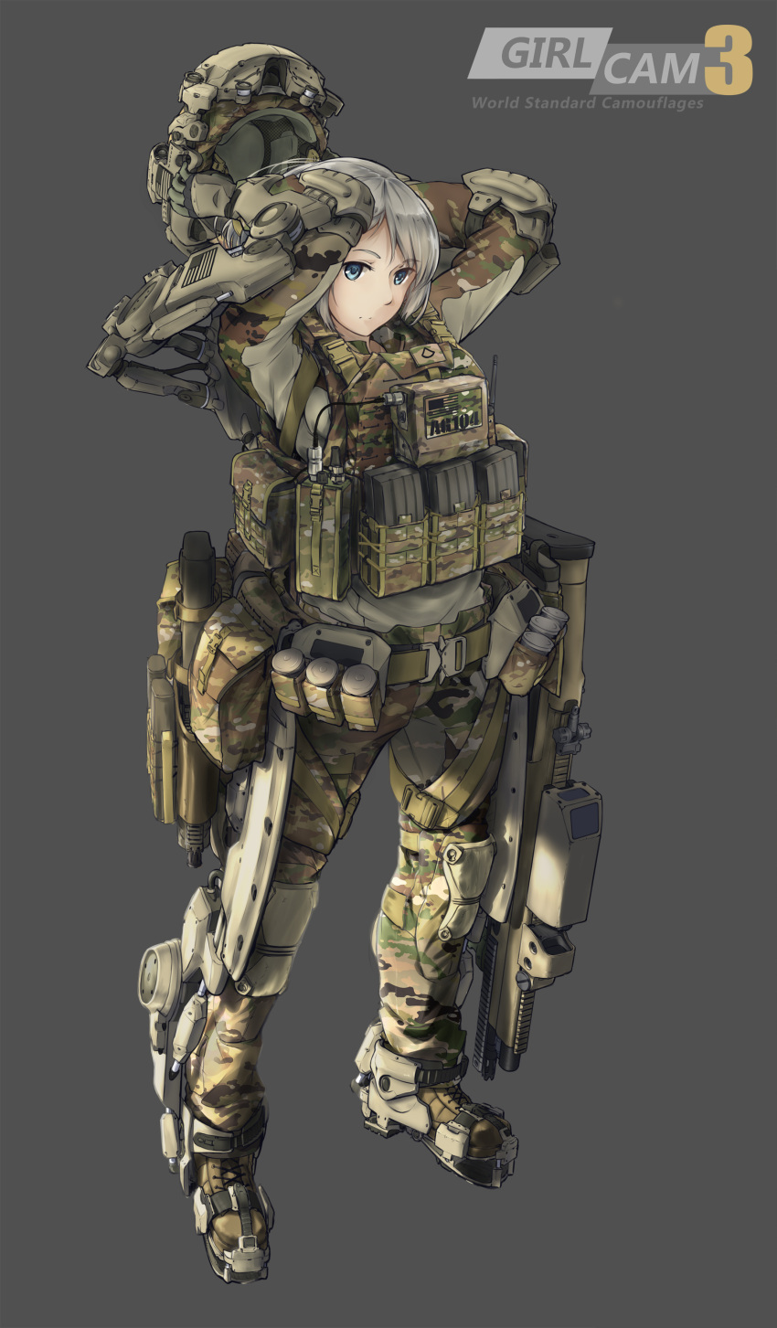 1girl absurdres arms_up blue_eyes camouflage elbow_pads exoskeleton full_body gloves gun headwear_removed helmet helmet_removed highres load_bearing_vest magazine_(weapon) military original pouch short_hair silver_hair simple_background solo tantu_(tc1995) weapon weapon_request