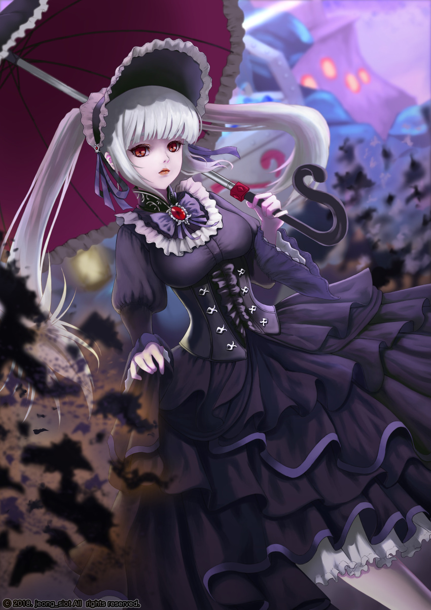 1girl absurdres bangs black_dress blunt_bangs blurry blurry_background bonnet breasts character_request dated dress dungeon_and_fighter frills highres jeong_siot lolita_fashion long_hair looking_at_viewer medium_breasts over_shoulder parasol red red_eyes twintails umbrella white_hair wide_sleeves