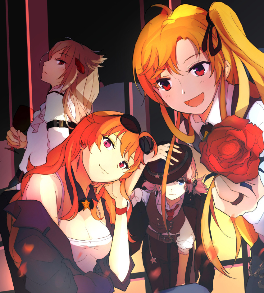 4girls :3 :d ahoge alternate_costume arm_strap azur_lane bangs belt black_ribbon blonde_hair blush breasts brown_vest buckle cleveland_(azur_lane) closed_mouth collared_shirt columbia_(azur_lane) cup denver_(azur_lane) earrings eyebrows_visible_through_hair eyewear_on_head flower giving gloves hair_between_eyes hair_ornament hand_on_headwear hand_to_own_cheek head_tilt headgear highres holding holding_cup holding_flower jacket jewelry leaning_forward long_hair long_sleeves looking_at_viewer montpelier_(azur_lane) multiple_girls necktie off_shoulder one_side_up open_mouth pants parted_bangs red_eyes red_flower red_rose ribbon ring rose shirt sidelocks silver_hair smile sunglasses tank_top very_long_hair vest wedding_band white_shirt white_white wristband