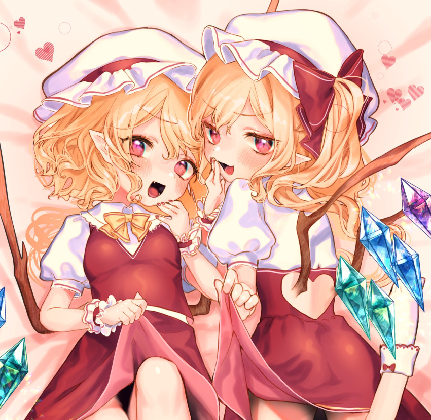 2girls :d bangs bed_sheet blonde_hair blush bow bowtie breasts commentary_request cowboy_shot crystal dual_persona eyebrows_visible_through_hair fang flandre_scarlet from_behind hand_up hat hat_bow head_tilt heart heart_cutout highres lifted_by_self long_hair looking_at_viewer looking_back lying mob_cap mokokiyo_(asaddr) multiple_girls nail_polish on_back on_stomach one_side_up open_mouth puffy_short_sleeves puffy_sleeves red_bow red_eyes red_nails red_skirt red_vest shirt short_sleeves skirt skirt_lift skirt_set small_breasts smile touhou vest white_headwear white_shirt wings wrist_cuffs yellow_bow yellow_neckwear