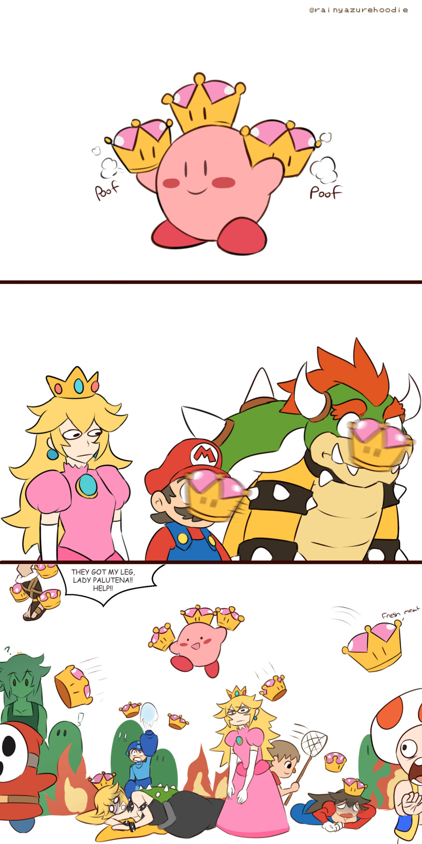 ! 3koma ? absurdres arm_cannon blonde_hair bowser bowsette bracelet brown_hair butterfly_net collar comedy comic crossover crown doubutsu_no_mori earrings english facial_hair fire genderswap genderswap_(mtf) hand_net hat helmet highres horns jewelry kid_icarus kirby kirby_(series) mario mask multiple_boys multiple_girls new_super_mario_bros._u_deluxe nintendo overalls pit_(kid_icarus) princess_dress princess_peach rainyazurehoodie rockman rockman_(character) sandals shy_guy smile spiked_bracelet spiked_collar spiked_shell spikes super_crown super_mario_bros. toad turtle_shell villager_(doubutsu_no_mori) weapon