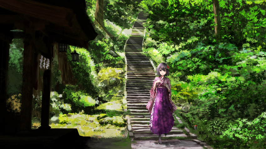1girl :d alternate_costume architecture black_hair blush_stickers brown_eyes east_asian_architecture flower forest haguro_(kantai_collection) hair_flower hair_ornament hakama highres japanese_clothes kantai_collection lamp light_rays nakura_haru nature open_mouth rural scenery short_hair smile stairs