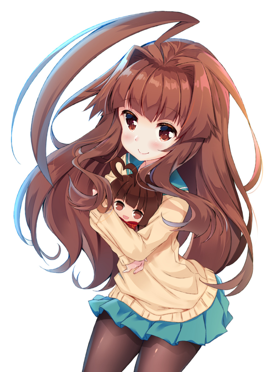 1girl ahoge bangs blue_sailor_collar blue_skirt blush brown_eyes brown_hair brown_legwear brown_sweater character_doll closed_mouth commentary_request cowboy_shot eyebrows_visible_through_hair fingernails hair_intakes highres kantai_collection ko_yu kuma_(kantai_collection) long_hair long_sleeves object_hug pantyhose pleated_skirt sailor_collar simple_background skirt sleeves_past_wrists smile solo sweater very_long_hair white_background