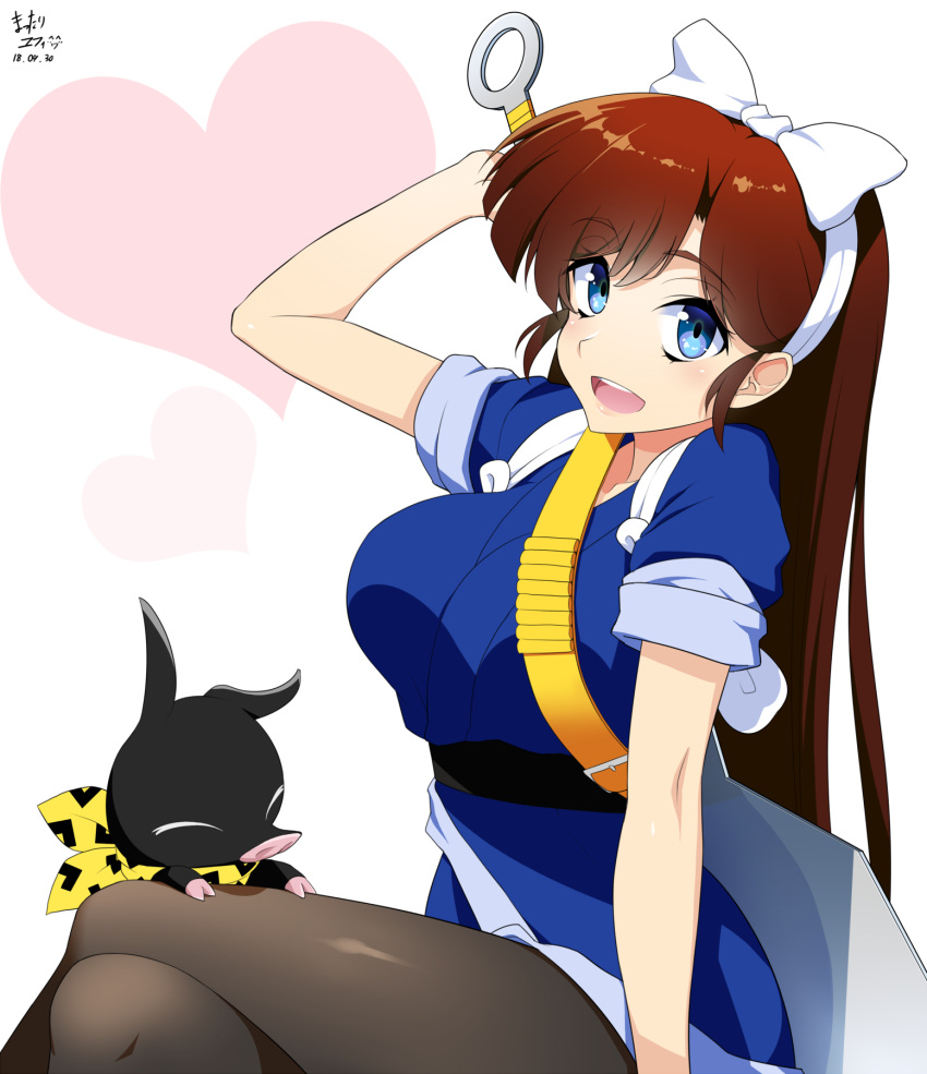 1girl 2018 artist_name bandolier blue_eyes bow closed_eyes commentary_request dated dress eyebrows_visible_through_hair hair_bow hand_up heart highres kuonji_ukyou legs_crossed long_hair mattari_yufi open_mouth pantyhose pig ranma_1/2 redhead sheath sheathed sitting sleeves_rolled_up smile white_background