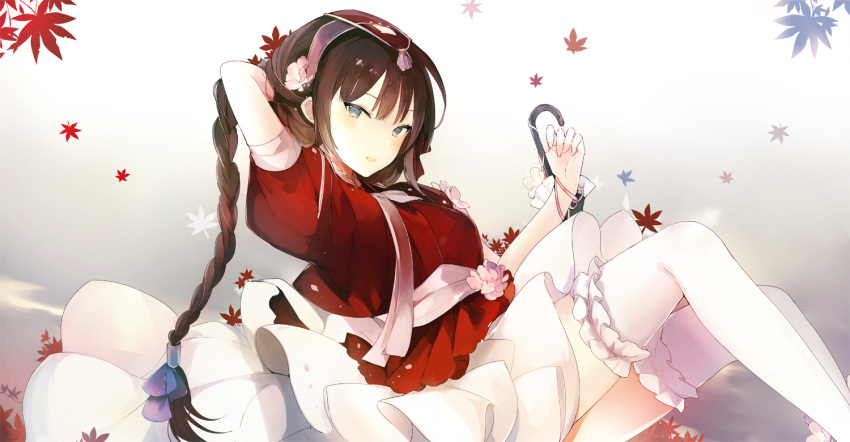 1girl alternate_costume alternate_hairstyle apron arm_behind_head arm_up autumn_leaves azur_lane bangs black_umbrella blue_eyes blue_ribbon blush braid breasts brown_eyes brown_hair closed_umbrella commentary_request dress eyebrows_visible_through_hair frilled_legwear frills hair_ornament hair_ribbon hairband holding juliet_sleeves layered_dress leaf long_hair long_sleeves looking_at_viewer lpip maple_leaf medium_breasts newcastle_(azur_lane) official_art open_mouth outdoors parted_lips pleated_skirt puffy_short_sleeves puffy_sleeves reclining red_shirt ribbon shirt short_sleeves sidelocks single_braid sitting skirt solo thigh-highs thighs tsurime umbrella very_long_hair white_legwear white_skirt