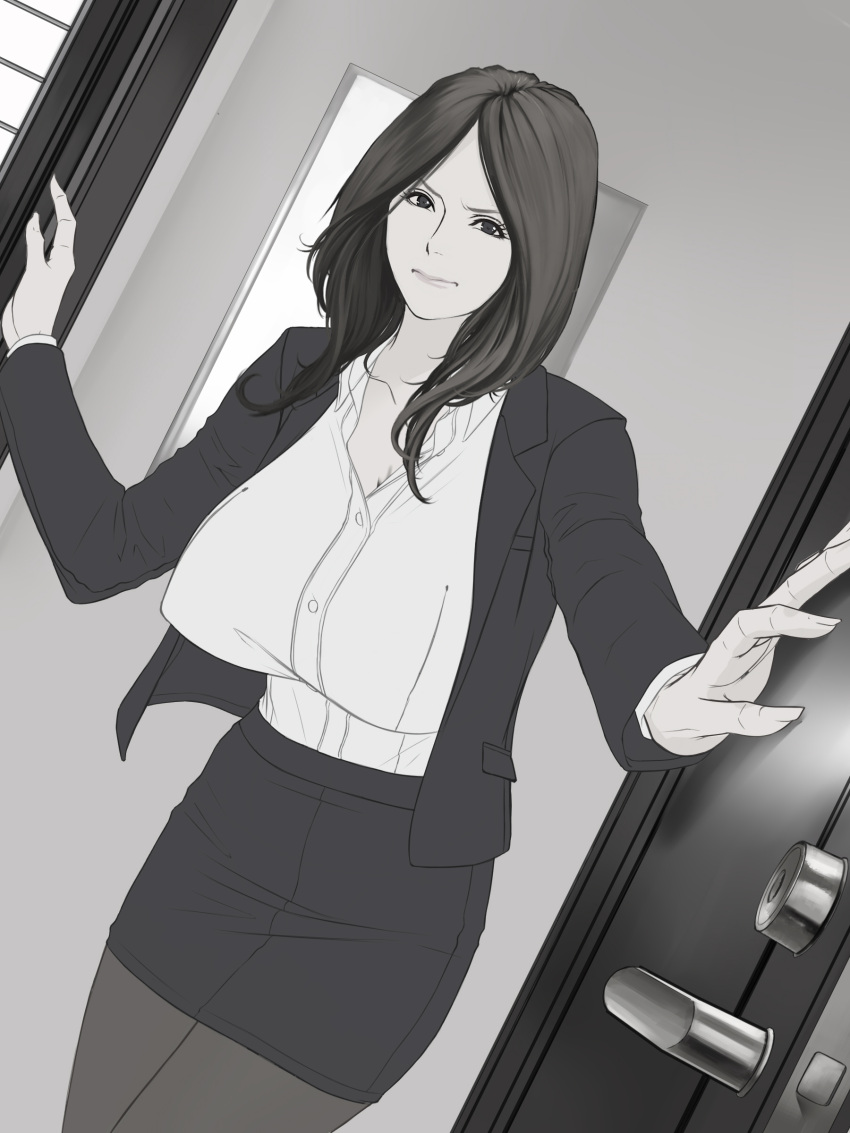 1girl absurdres breasts covered_nipples door foreshortening formal highres indoors large_breasts lips long_hair looking_at_viewer mediu_hair monochrome office_lady original pantyhose shisshou_senkoku solo standing suit