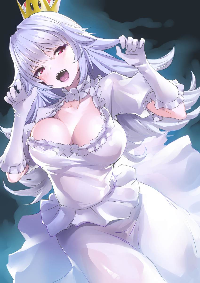1girl :d blush breasts choker cleavage collarbone commentary_request crown dress gloves highres large_breasts long_hair luigi's_mansion super_mario_bros. new_super_mario_bros._u_deluxe nintendo nukkoru open_mouth princess_king_boo red_eyes sharp_teeth smile solo super_crown teeth white_choker white_dress white_gloves white_hair