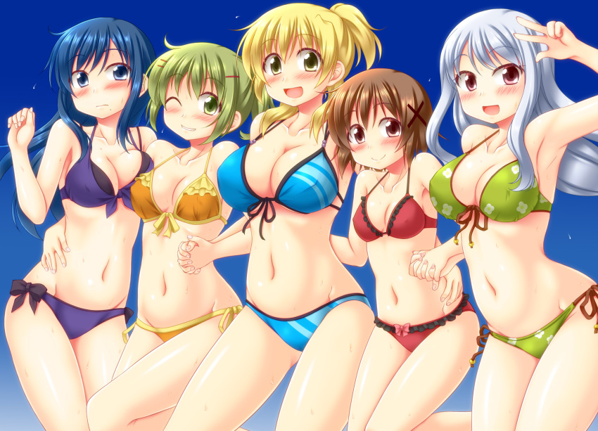 5girls bikini blonde_hair blue_background blue_bikini blue_eyes blue_hair breasts brown_eyes brown_hair cleavage cowboy_shot floral_print front-tie_top gradient gradient_background green_bikini green_eyes green_hair hair_ornament hairclip hidamari_sketch highres large_breasts long_hair looking_at_viewer mami_(hidamari_sketch) matsuri_(hidamari_sketch) medium_breasts miyako multiple_girls nakayama_(hidamari_sketch) one_side_up ponytail purple_bikini red_bikini red_eyes short_hair side-tie_bikini silver_hair swimsuit utomo x_hair_ornament yellow_eyes yuno