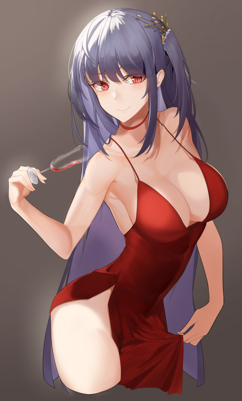 1girl absurdres ahoge alcohol alternate_costume azur_lane bangs bare_shoulders black_hair blush breasts brown_background champagne_flute choker cleavage closed_mouth cocktail_dress collarbone cropped_legs cup dress dress_lift drinking_glass eyebrows_visible_through_hair hair_between_eyes hair_ornament highres holding holding_cup huge_breasts large_breasts lifted_by_self long_hair looking_at_viewer one_side_up orn red_choker red_dress red_eyes sidelocks simple_background smile solo taihou_(azur_lane) very_long_hair