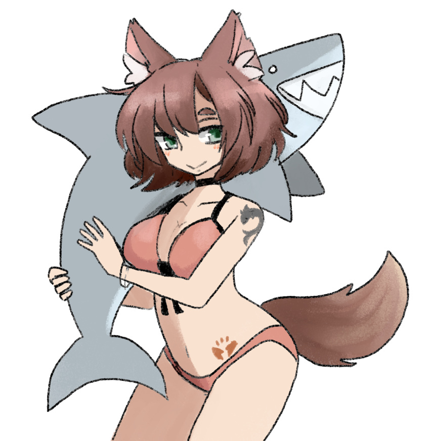 1girl :&gt; animal_ear_fluff animal_ears bare_shoulders bikini black_choker blush breasts brown_hair choker closed_mouth commentary cowboy_shot english_commentary fox_ears fox_tail green_eyes halterneck highres holding large_breasts latenight looking_at_viewer no_nose orange_bikini original shark short_hair shoulder_tattoo smile solo swimsuit tail tattoo transparent_background wristband