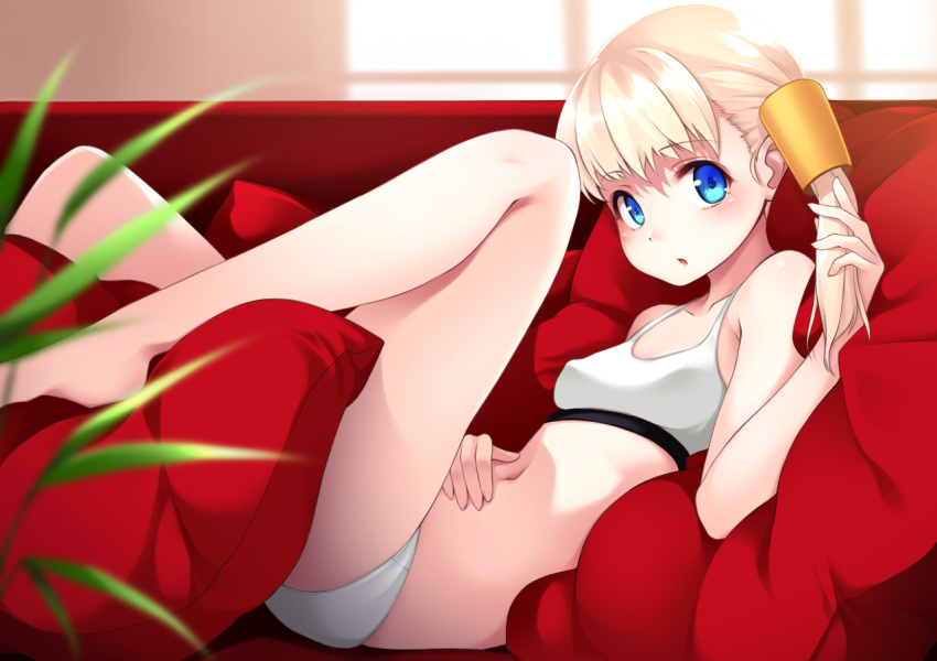 1girl bangs blonde_hair blue_eyes blunt_bangs blush bra breasts closed_mouth eyebrows_visible_through_hair hair_between_eyes hair_ornament kantai_collection leaf legs long_hair looking_at_viewer lying mofu_namako navel on_back open_mouth panties pillow shin'you_(kantai_collection) side_ponytail solo underwear underwear_only