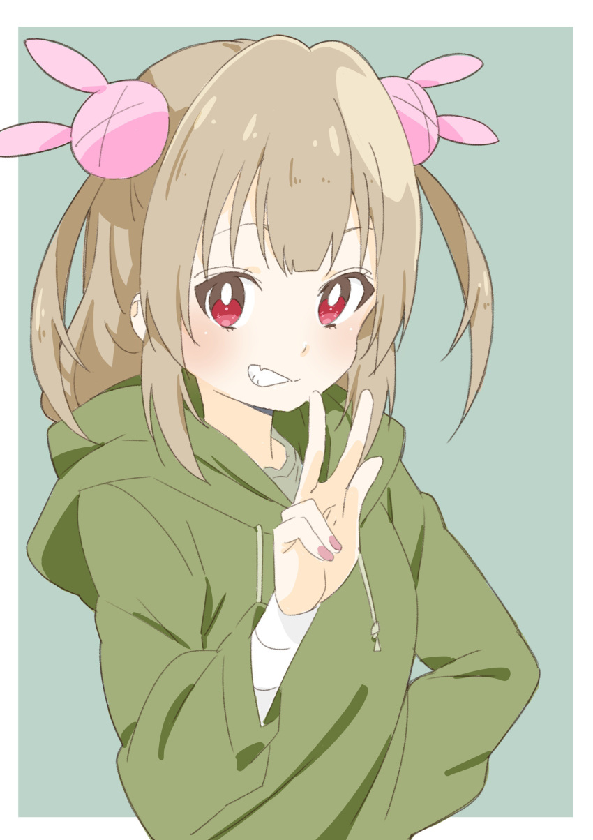 1girl absurdres bandage bandaged_arm bandages bangs blush bright_pupils bunny_hair_ornament donguri_suzume fang fingernails green_background hair_ornament highres hood hood_down hoodie light_brown_hair long_hair long_sleeves looking_at_viewer nail_polish natori_sana pink_nails red_eyes sana_channel simple_background smile solo two_side_up upper_body v