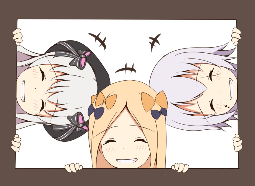 +++ 3girls ^_^ abigail_williams_(fate/grand_order) bangs beret black_bow black_hat blonde_hair blush bow closed_eyes closed_eyes commentary_request eyebrows_visible_through_hair facial_scar facing_viewer fate/extra fate/grand_order fate_(series) forehead grin hair_between_eyes hair_bow hat highres jack_the_ripper_(fate/apocrypha) long_hair mitchi multiple_girls nursery_rhyme_(fate/extra) orange_bow parted_bangs purple_bow scar scar_across_eye scar_on_cheek silver_hair smile striped striped_bow white_background