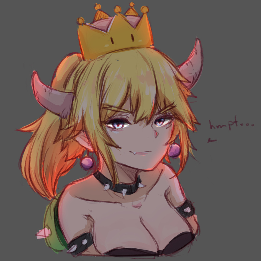 1girl bangs bare_shoulders black_dress blonde_hair blue_eyes bowsette breasts cleavage closed_mouth collar collarbone crown dress earrings eyebrows_visible_through_hair fang fang_out from_side grey_background hair_between_eyes horns jewelry large_breasts light_smile looking_at_viewer super_mario_bros. new_super_mario_bros._u_deluxe nintendo omerin pointy_ears simple_background sketch smug solo spiked_collar spiked_shell spikes strapless strapless_dress super_crown thick_eyebrows turtle_shell upper_body