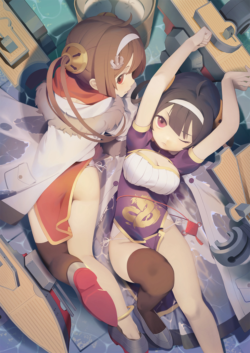 2girls ;&lt; ahoge anchor_hair_ornament anklet arms_up ass azur_lane bamboo_steamer bangs baozi bare_legs black_hair black_legwear breasts brown_hair china_dress chinese_clothes chinese_commentary cleavage cleavage_cutout closed_mouth coat commentary_request day dragon_print dress food fur-trimmed_hood grey_footwear groin hair_ornament hair_rings hairband highres hood hood_down hooded_coat jewelry knee_up light_blush long_hair lying machinery medium_breasts multiple_girls ning_hai_(azur_lane) on_back on_stomach open_clothes open_coat outdoors panties pelvic_curtain ping_hai_(azur_lane) pocket print_dress purple_dress qianjing red_dress red_eyes ribbon shadow shallow_water shoes short_sleeves side-tie_panties single_thighhigh tassel thigh-highs twintails underwear v-shaped_eyebrows violet_eyes water white_coat white_hairband white_panties white_ribbon