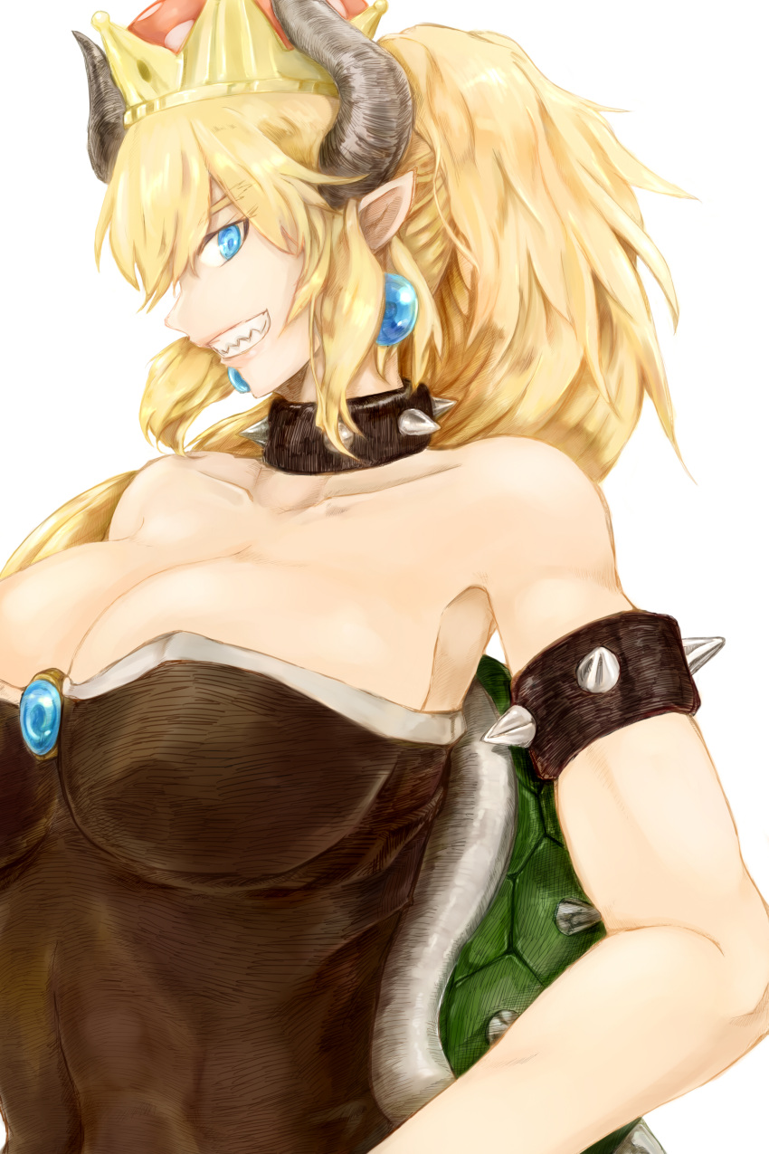 1girl absurdres azugia bangs bare_shoulders black_dress blonde_hair blue_earrings bowsette bracelet breasts brooch cleavage clenched_teeth collar collarbone dress eyebrows_visible_through_hair from_side hair_between_eyes highres horns impossible_clothes impossible_dress jewelry large_breasts light_blue_eyes long_ponytail looking_at_viewer looking_to_the_side super_mario_bros. muscle muscular_female new_super_mario_bros._u_deluxe nintendo pink_lips pointy_ears profile sharp_teeth shiny shiny_hair shiny_skin sidelocks simple_background solo spiked_bracelet spiked_collar spiked_shell spikes strapless strapless_dress super_crown teeth upper_body white_background wide_ponytail