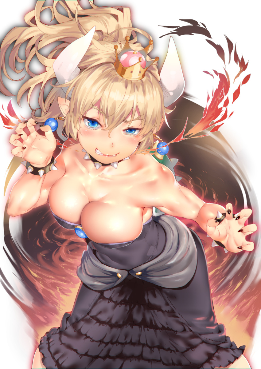 1girl black_dress black_nails blonde_hair bowsette bracelet breasts breathing_fire brooch cleavage collar commentary_request cowboy_shot crown dress earrings fire highres horns jewelry karochii large_breasts super_mario_bros. nail_polish new_super_mario_bros._u_deluxe nintendo pointy_ears sharp_teeth smile solo spiked_bracelet spiked_collar spiked_shell spikes standing strapless strapless_dress super_crown teeth turtle_shell white_background