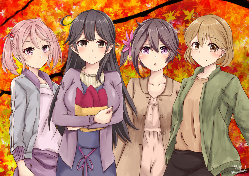 4girls ahoge akebono_(kantai_collection) alternate_hairstyle autumn bag bell black_hair black_skirt breasts brown_eyes brown_hair brown_jacket brown_shirt eyebrows_visible_through_hair flower food green_jacket hair_bell hair_bobbles hair_flower hair_ornament highres holding holding_bag jacket kantai_collection large_breasts long_hair looking_at_viewer multiple_girls nakura_haru oboro_(kantai_collection) pink_eyes pink_hair purple_jacket purple_skirt sazanami_(kantai_collection) shirt short_hair side_ponytail skirt smile sweet_potato twintails ushio_(kantai_collection) violet_eyes